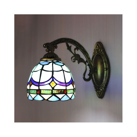 Stained Glass Domed Wall Lamp with Carved Arm 1 Light Tiffany Traditional Wall Lamp in Blue