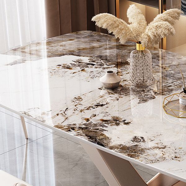 Rectangular Luxury White Stone Top Dining Table with Metal Pedestal