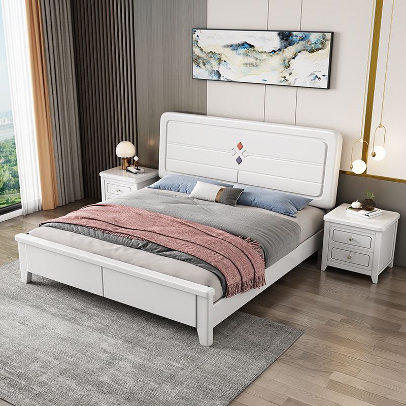 White Contemporary Panel Bed Solid Wood Bed Frame, 44.5" Tall