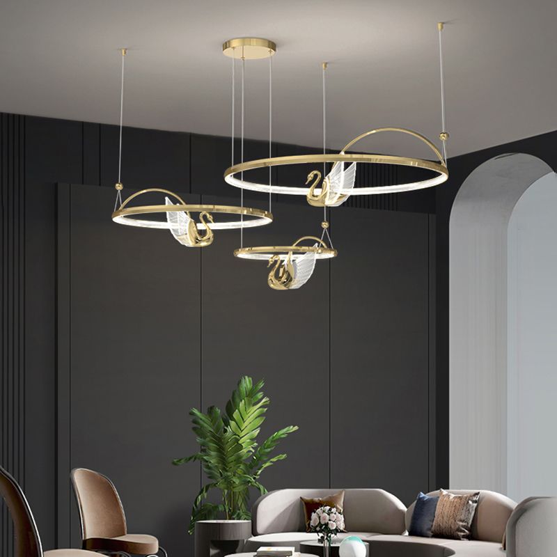 Gold Swan Suspension Light Minimalist Metal LED Chandelier for Living Room