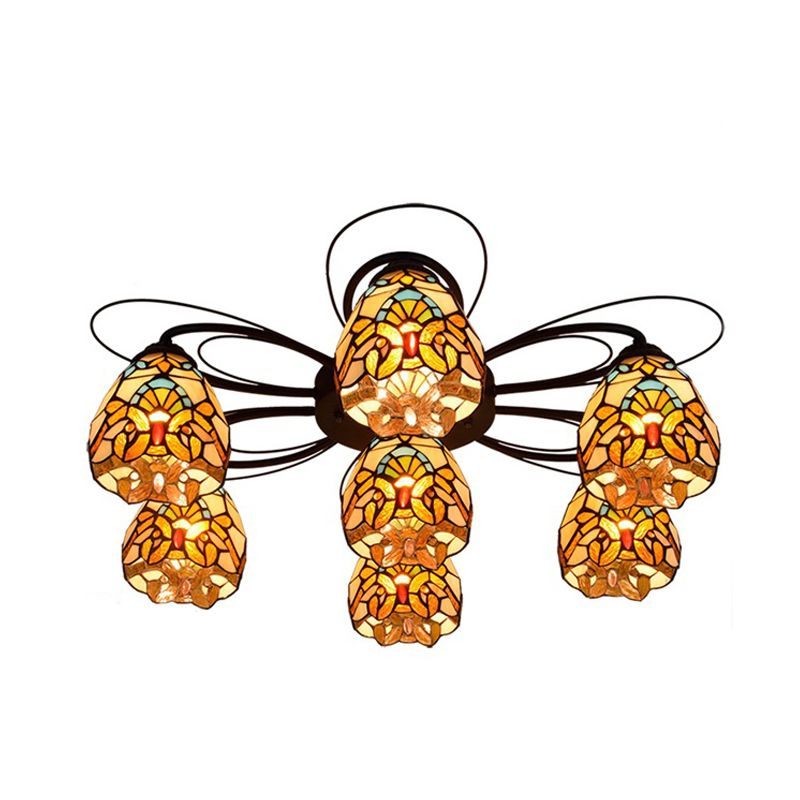 Plafonnier en verre teinté Tiffany, 3/7/9 têtes, éclairage Semi-encastré jaune/vert