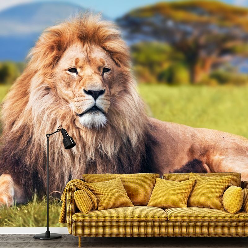 Modern Lion Wall Mural Decal Brown-Green African Savannas Wall Art for Living Room