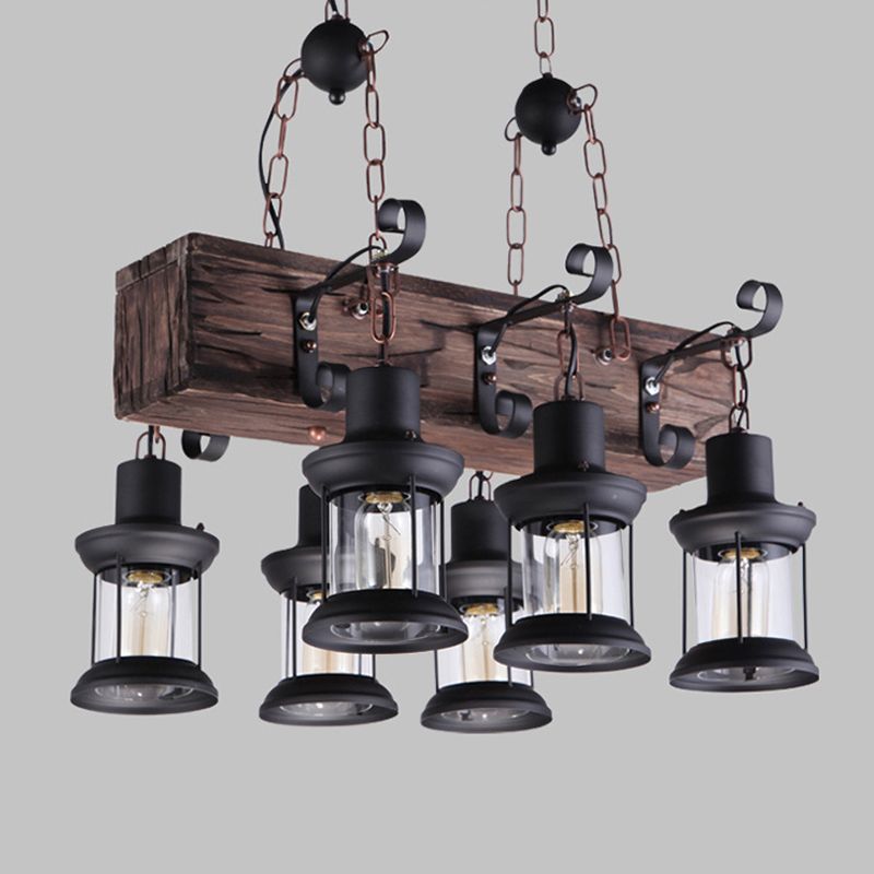 Rectangular Shape Pendant Light Modern Style Wood 6 Lights Hanging Lamp in Brown