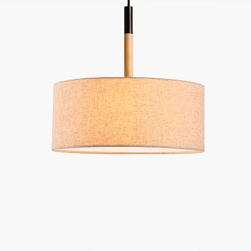 Modernism Cylinder Chandelier, Textile Shade, Wood And Metal Adjustable Chain