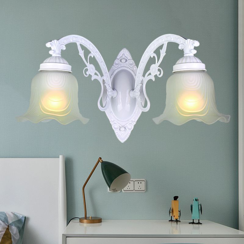 Flower Living Room Wall Light Sconce Vintage Style Metal 1/2 Lights Black/White Wall Lamp with Frosted Glass Shade