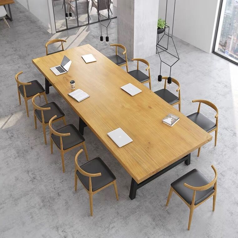 Rectangle Wood Color Dining Table Solid Wood Table Industrial with Trestle Base