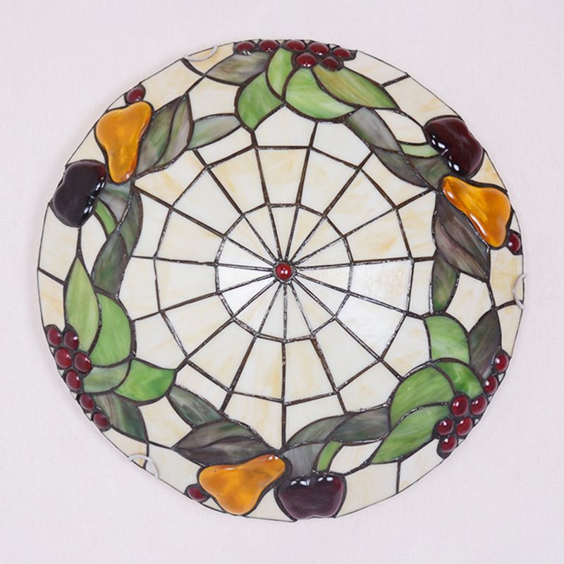 Green Flush Mount Ceiling Fixture Tiffany Cut Glass Bowl Flush Lamp with Fruit Pattern
