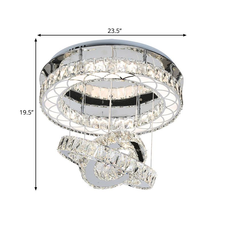 Crystal Block Rings Semi-Flush Mount Minimalism LED Close to Ceiling Lighting in Chrome, Warm/White Light