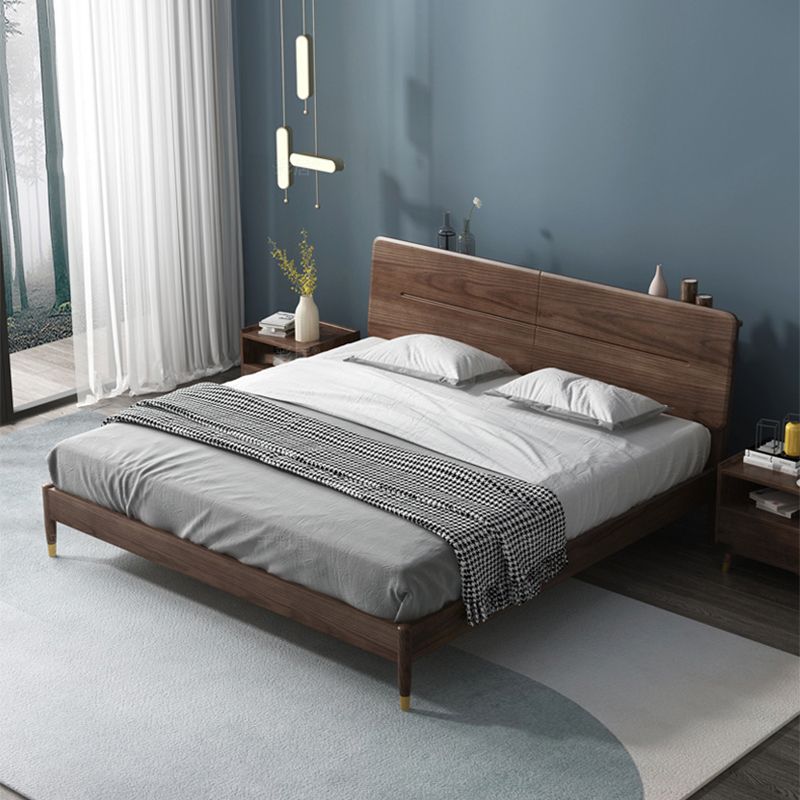 Mid-Century Modern Solid Wood Bed with Rectangular Headboard Bed Frame