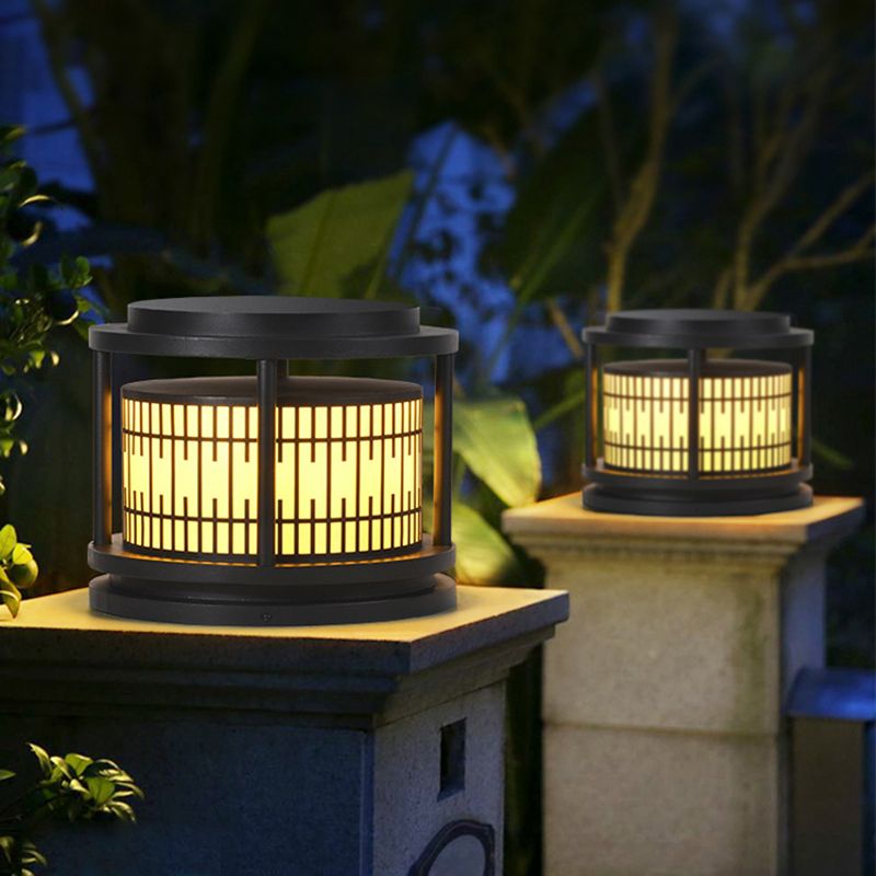 Modern Metal Solar Pillar Lamp Round Shape Outdoor Waterproof Light in Black