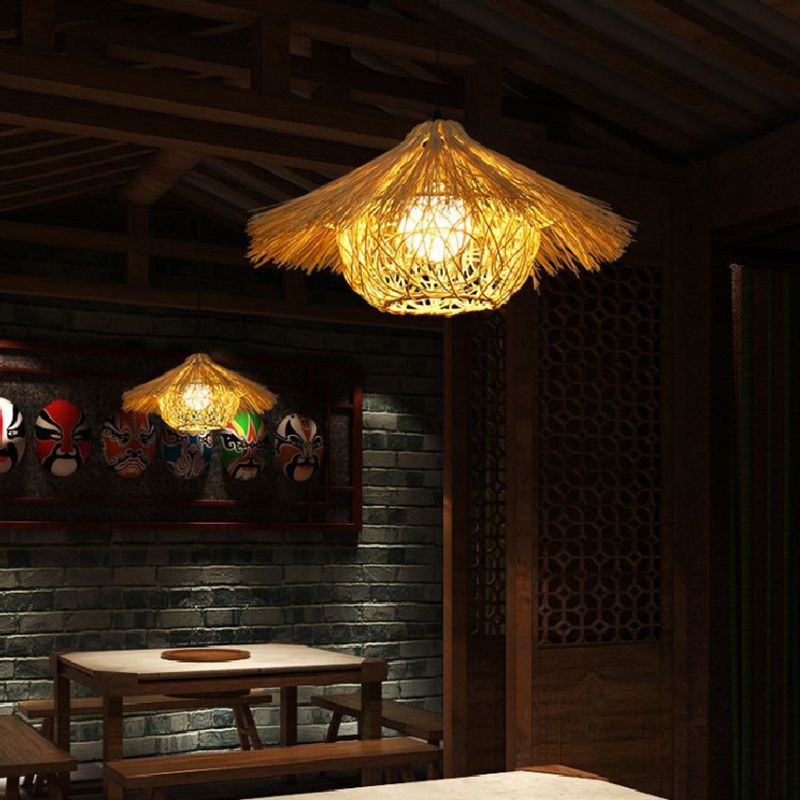 Contemporary Nest Pendant Lighting Fixture Rattan Restaurant Hanging Ceiling Light in Beige