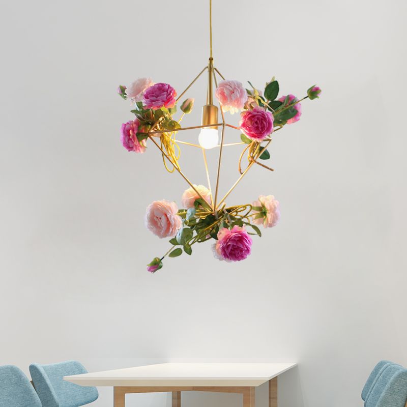 Diamond Cage Metal Pendant Light Kit Vintage 14"/18" H 1 Light Dining Room Hanging Lamp in Gold with Fake Flower
