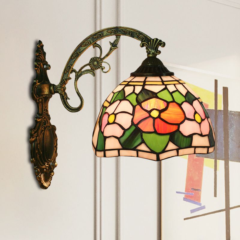 Red/Pink Flower Bowl Sconce Light Tiffany 1 Head Stained Glass Wall Mounted Lighting Fixture