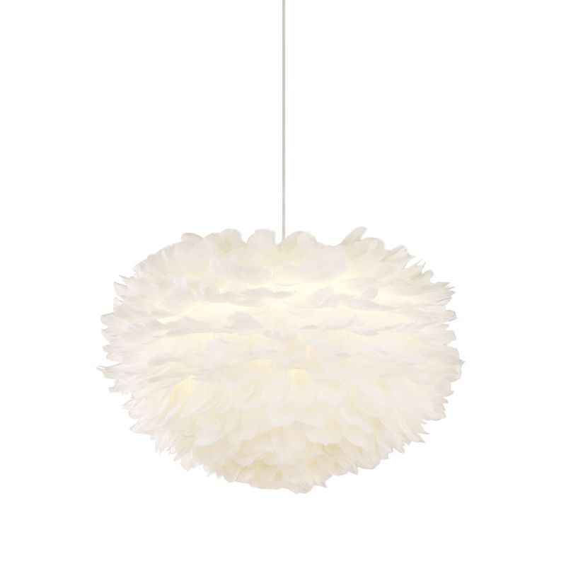 White Drum Pendant Light in Modern Creative Style Wrought Iron Chandelier with Feather Shade