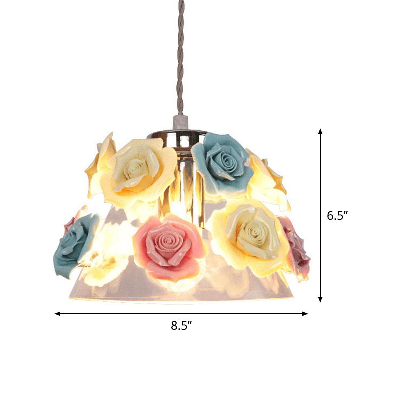 Transparant glas conische hangende lamp Modernistisch 1-licht plafond hanglamp met blauw-roze gele bloemdecor