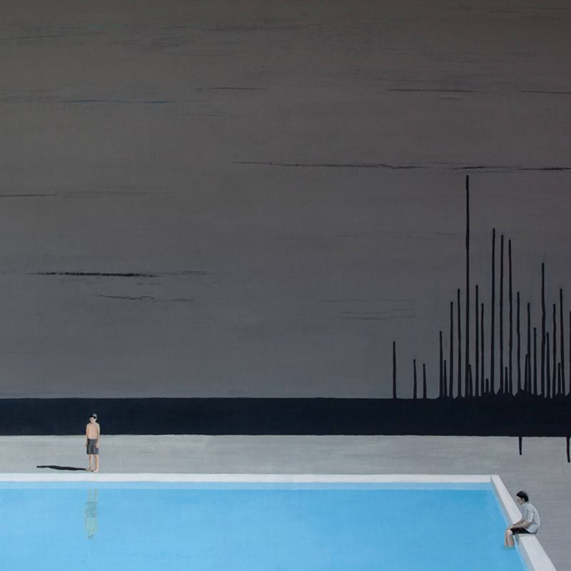 Full-Size Art Deco Mural Wallpaper Grey-Blue Swimming Pool Wall Covering, Custom Size