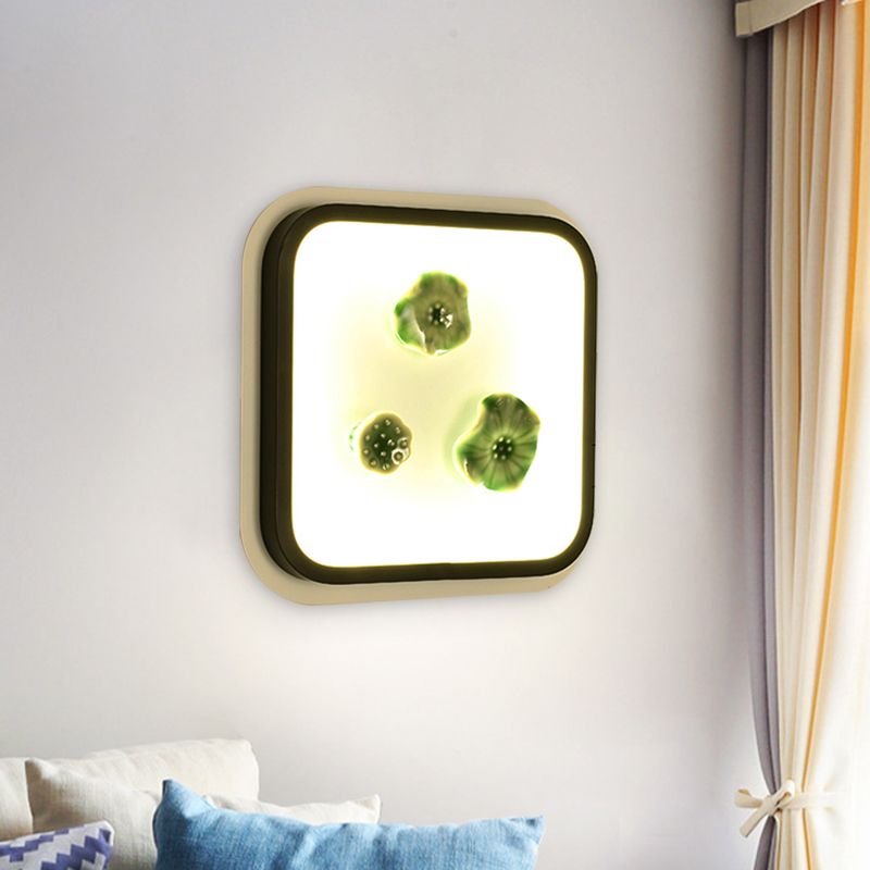 White and Black Square Lotus Wall Mural Lamp Chinese Style LED Porcelain Wall Mount Light Fixture