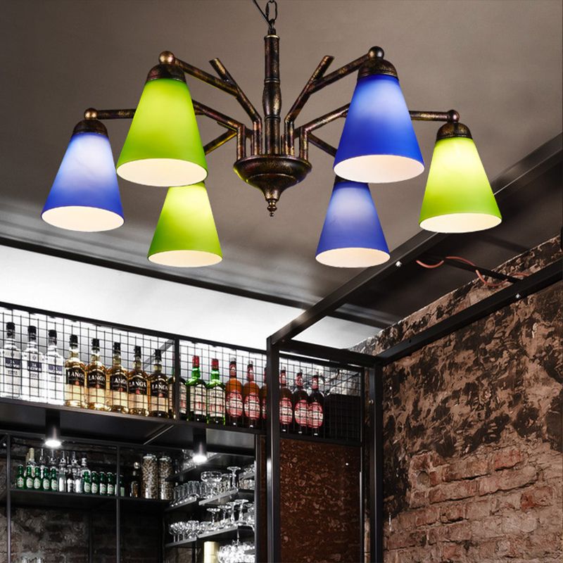 Rust Tapered Shade Chandelier 6 Lights Retro Metal Hanging Light for Restaurant