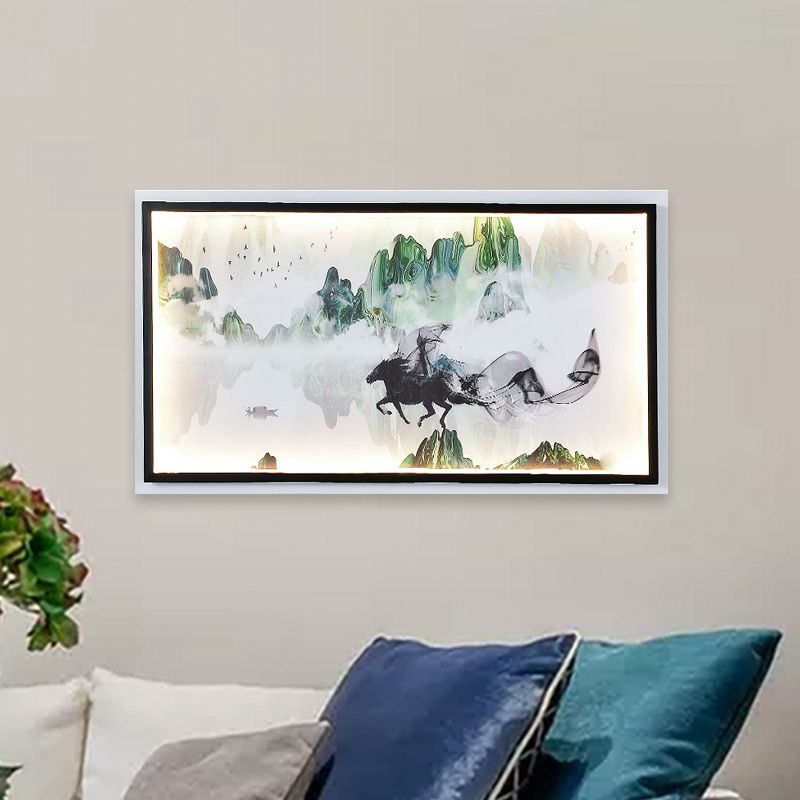 Chinese Steed and Landscape Mural Lamp Fabric Parlor LED Wall Mounted Lighting in Black