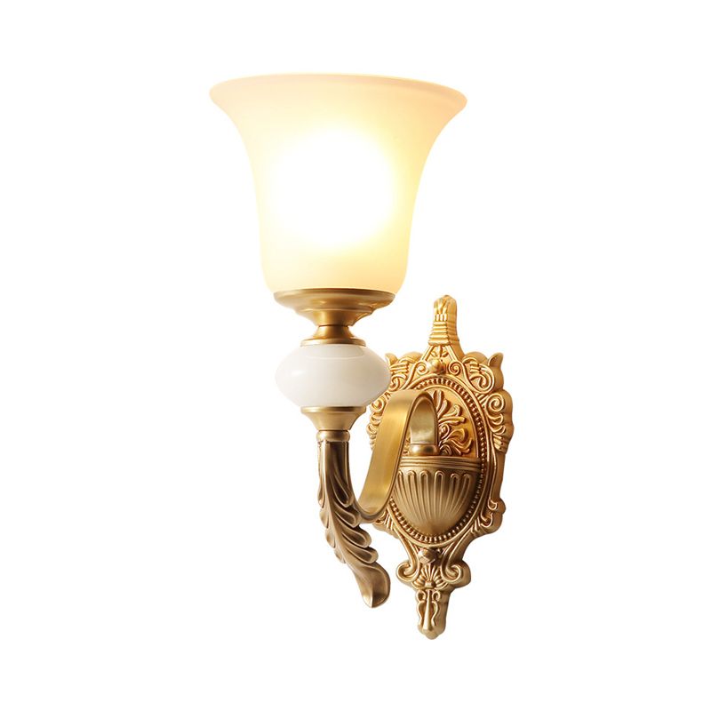 Opal Glass Bell Up Sconce Lamp Traditional 1-Light Stairway Wall Mount Light Fixture in Brass