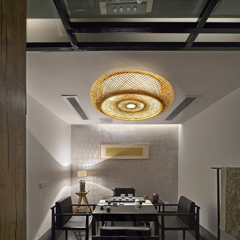Bamboo Weaving Art Flush Mount in Asian Creative Style Drum 3-Light Ceiling Light for Corridor