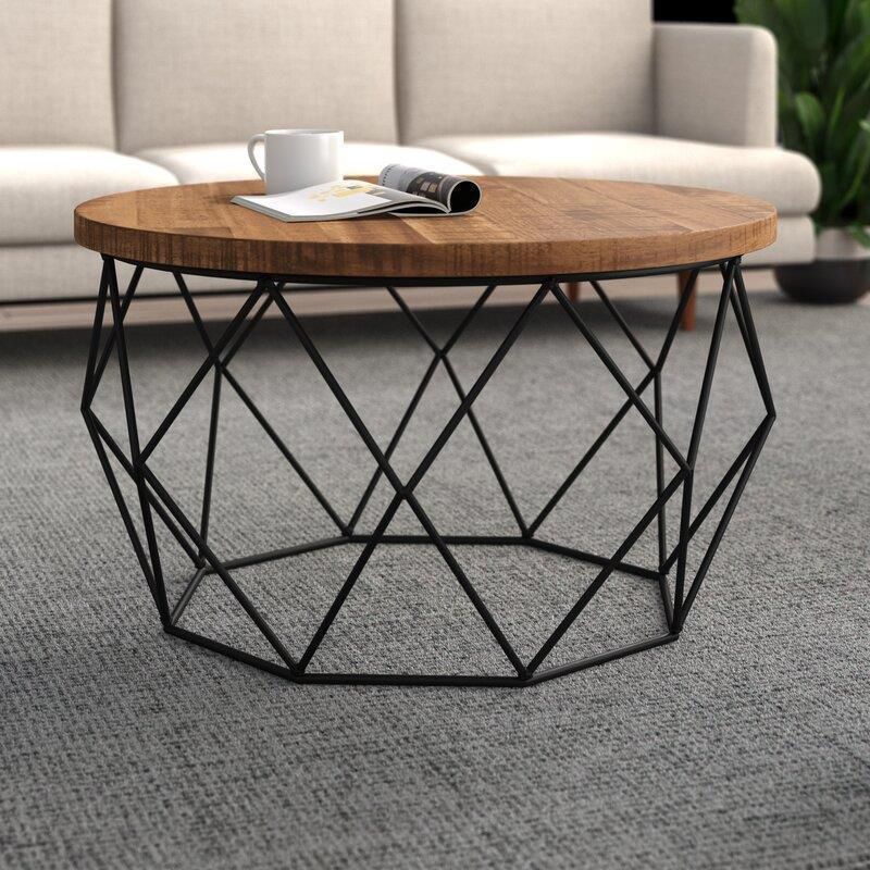Round Solid Wood Coffee Table with Metal Frame Base Coffee in Brone