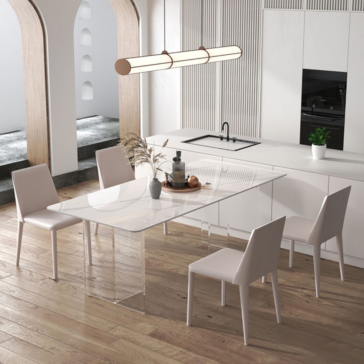 Modern White Stone Table Rectangle Dining Room Table for Kitchen