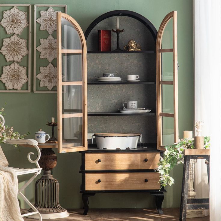 2-Door and 2-Drawer Accent Cabinet 69" Tall Solid Wood Glass Paned Storage Cabinet