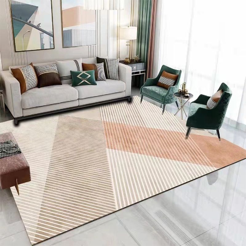 Light Brown Line Rug Polyester Modern Rug Washable Rug for Living Room