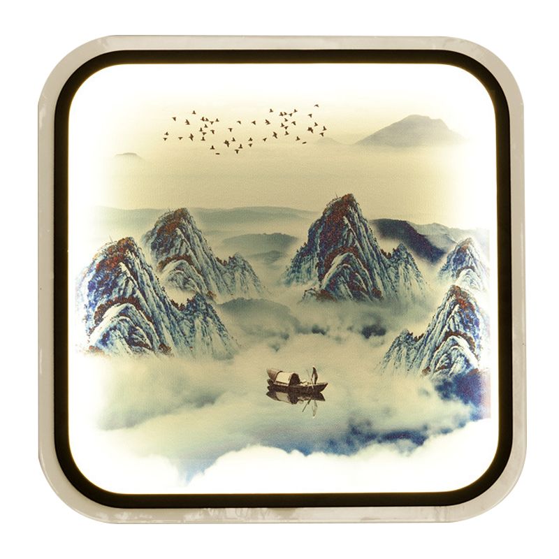 Lámpara mural de cuadros estampados de montaña estilo chino de estilo gris/azul de montaje de montaje de led para sala de estar para sala de estar