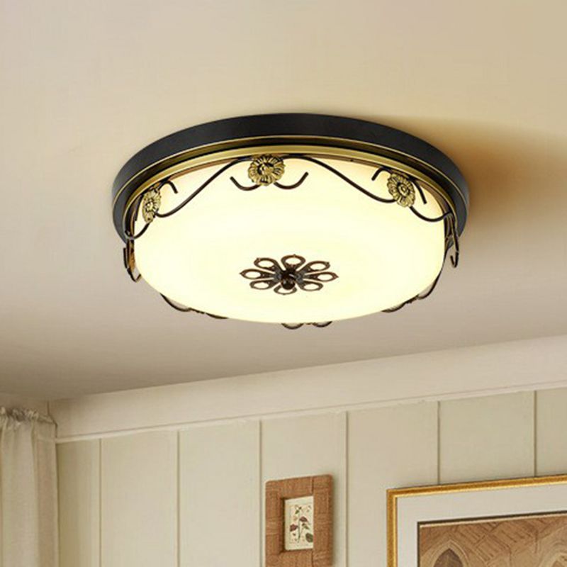 Rustic Drum Shaped LED Flush Light Opal Glass Flush Ceiling Light Fixture with Decorative Flower