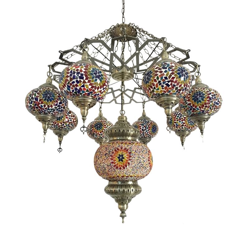 Vintage Oval Chandelier Light Fixture 9 Heads Stained Art Glass Hanging Ceiling Light in Red/Blue