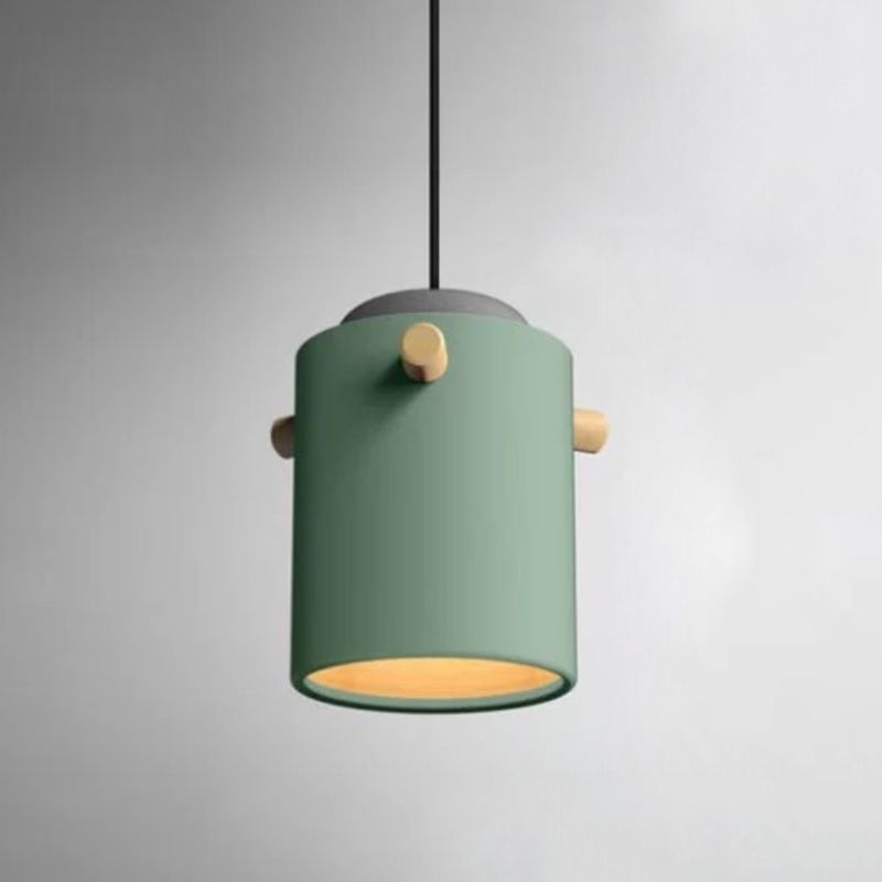 Cylindrical Metal Pendant Lamp Macaron 1 Head Solid Wood Ceiling Hanging Light
