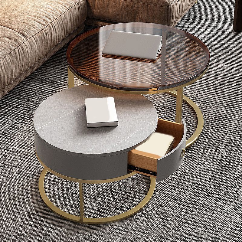 Modern Style Tempered Glass & Rock Sheet Top Gold Metal Base Round Coffee Table
