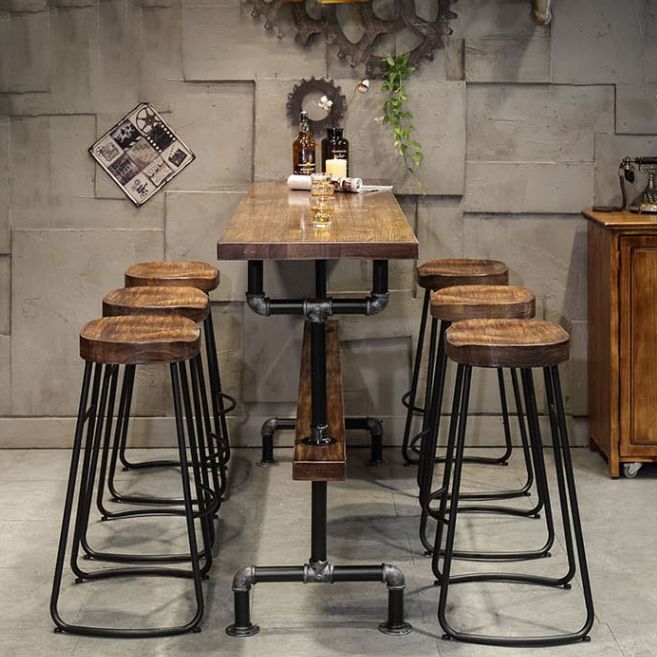 Industrial Style Wood Bar Height Table with Rectangle Table Top Trestle Table - 42" H