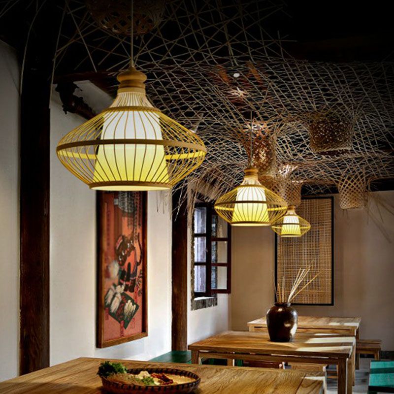 Bambus symmetrische Suspension Licht Einfachheit 1 Lichtholz Anhängerleuchte für Schlafzimmer
