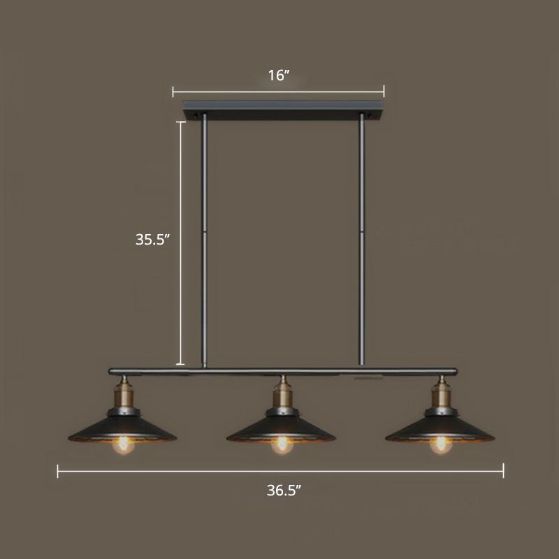 Cone Shade Restaurant Island Lamp Warehouse Style Metal 3 Heads Black Pendant Light