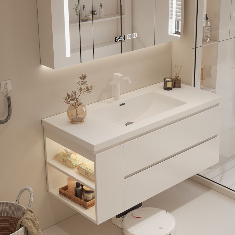 White Bathroom Vanity Wood Rectangle Single Sink Wall Mount 2 Drawers Vanity Set