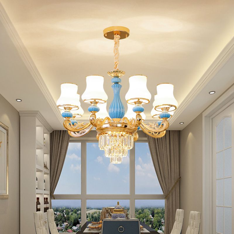 Bud Shade Bedroom Chandelier Lighting Classic Cream Glass Blue Pendant Light with Tiered Crystal Accent