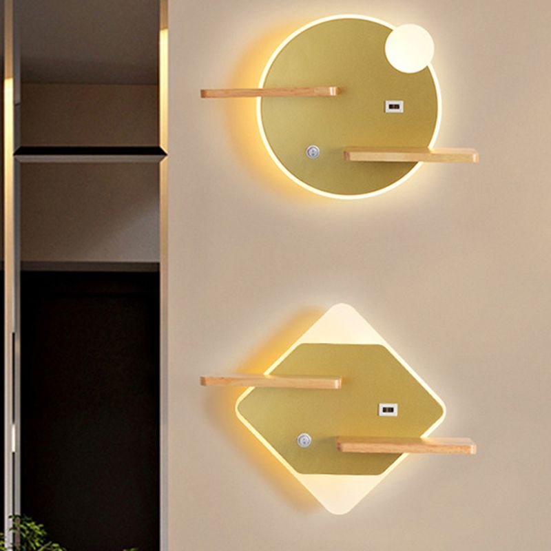 Geometric Shaped Wall Light Modern Acrylic Bedroom LED Sconce Light with Wooden Rack