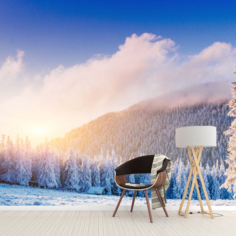 Blue Snow Mountain Sunrise Mural Stain-Proof Wall Art for Home Gallery, Made to Measure