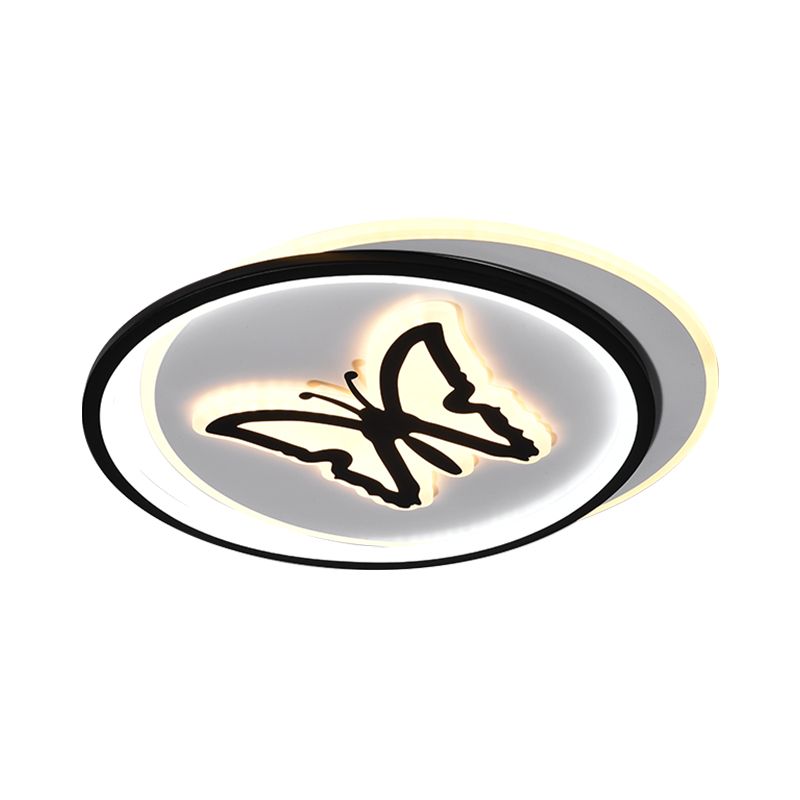 Round/Square Bedroom Ceiling Lamp Acrylic LED Nordic Flush Mount Lighting with Butterfly/Dolphin Design in Black