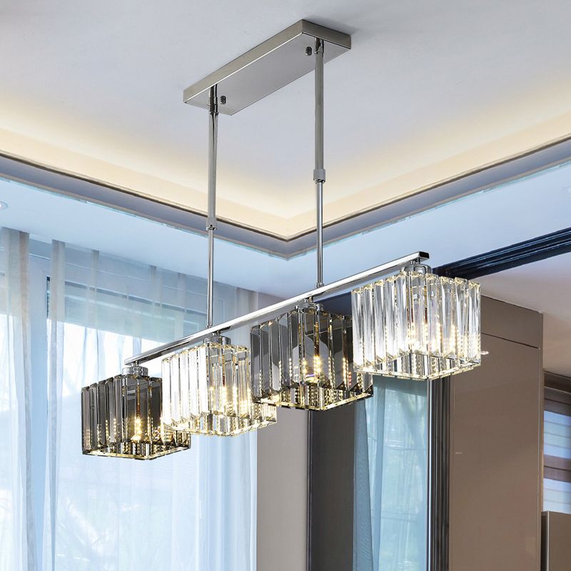 Cube Island Ceiling Light Modernism Crystal Shaded 3/4 Lights Chrome Pendant Light over Table