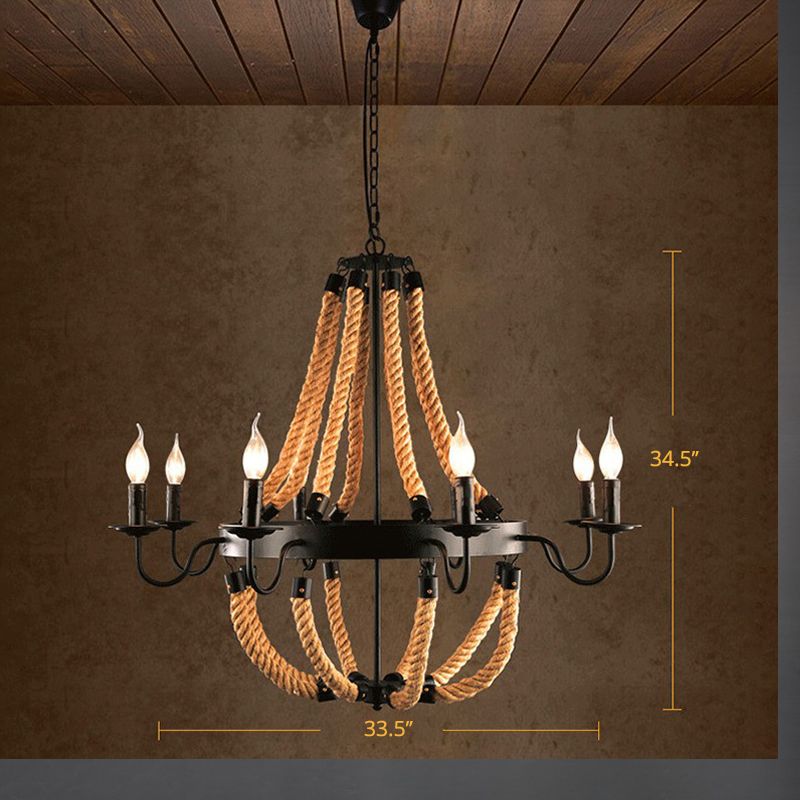 Loft Style Candelabrum Chandelier 8 Bulbs Hemp Rope Hanging Lamp in Black for Living Room