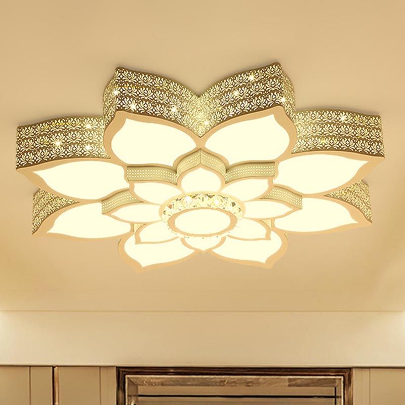 Lotus Faceted Crystal Flush Mount Light Fixture Simple White 23.5"/29.5"/35.5" W LED Ceiling Light in Warm/White Light