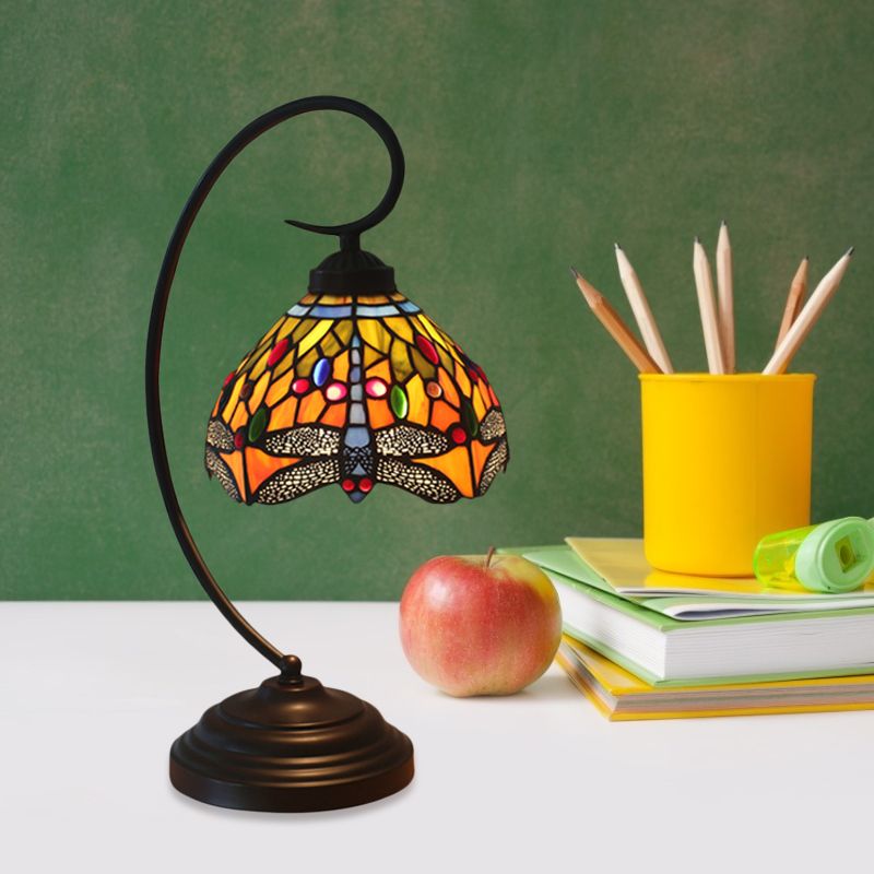 Dragonfly Cut Glass Desk Lighting Victorian 1 Light Orange/Green Night Lamp with Curved Arm for Bedroom