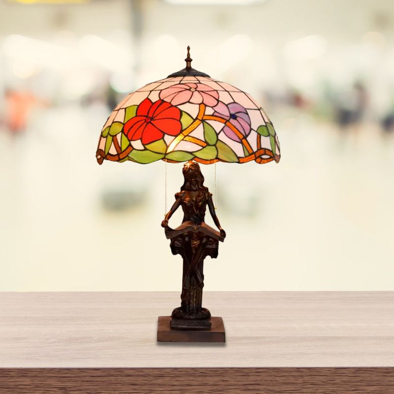Kleines Mädchen Reading Buchstisch Lampe 2 Lichter Harz Barock Pull-Chain-Nachttischlicht mit Sonnenblumenrot/Orange Glasschatten