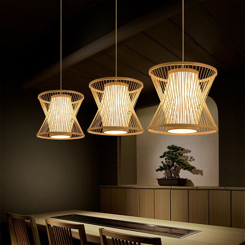 Symmetric Cage Pendant Lighting Nordic Bamboo 1 Bulb Beige Pendulum Light for Restaurant