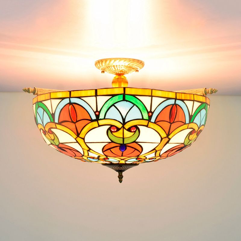 21.5"/25.5" W Brass Jewel Ceiling Lamp Baroque 5 Bulbs Multicolored Stained Glass Semi Flush Mount Lighting