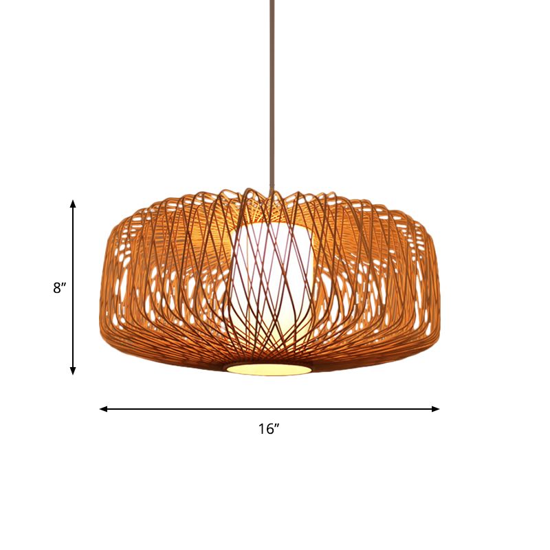 Cylinder Suspension Pendant Contemporary Bamboo 1 Bulb Black/Wood Hanging Light Kit, 16"/23.5" Wide